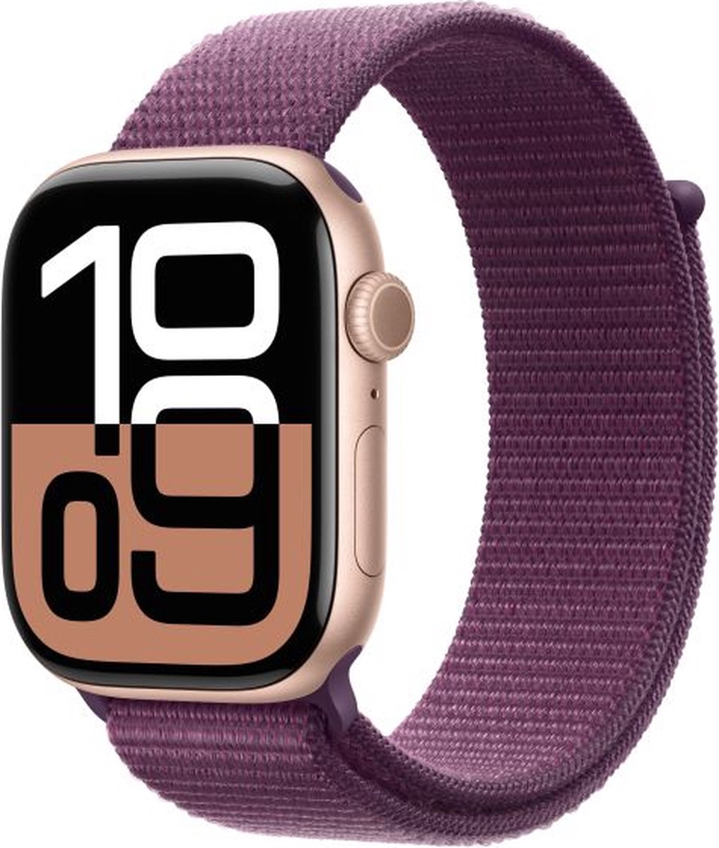 Apple Watch Series 10 - Wifi + 4G - 46mm - Rose Gouden Aluminium Case met Plum Geweven Sportbandje