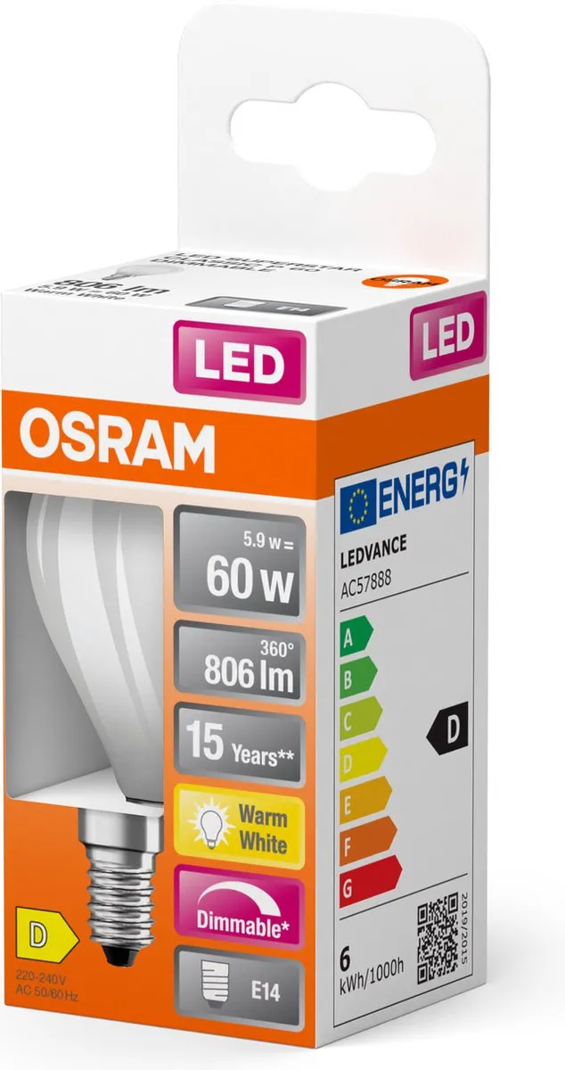 Osram LED-lamp E14 6.5W Warmwit Mat - 2700K - afbeelding 6 van 6