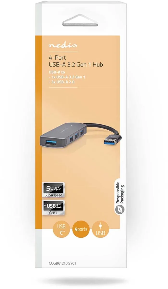 Nedis USB-Hub CCGB61210GY01 - 4 Poorten USB 2.0/3.2 Gen 1 - Grijs