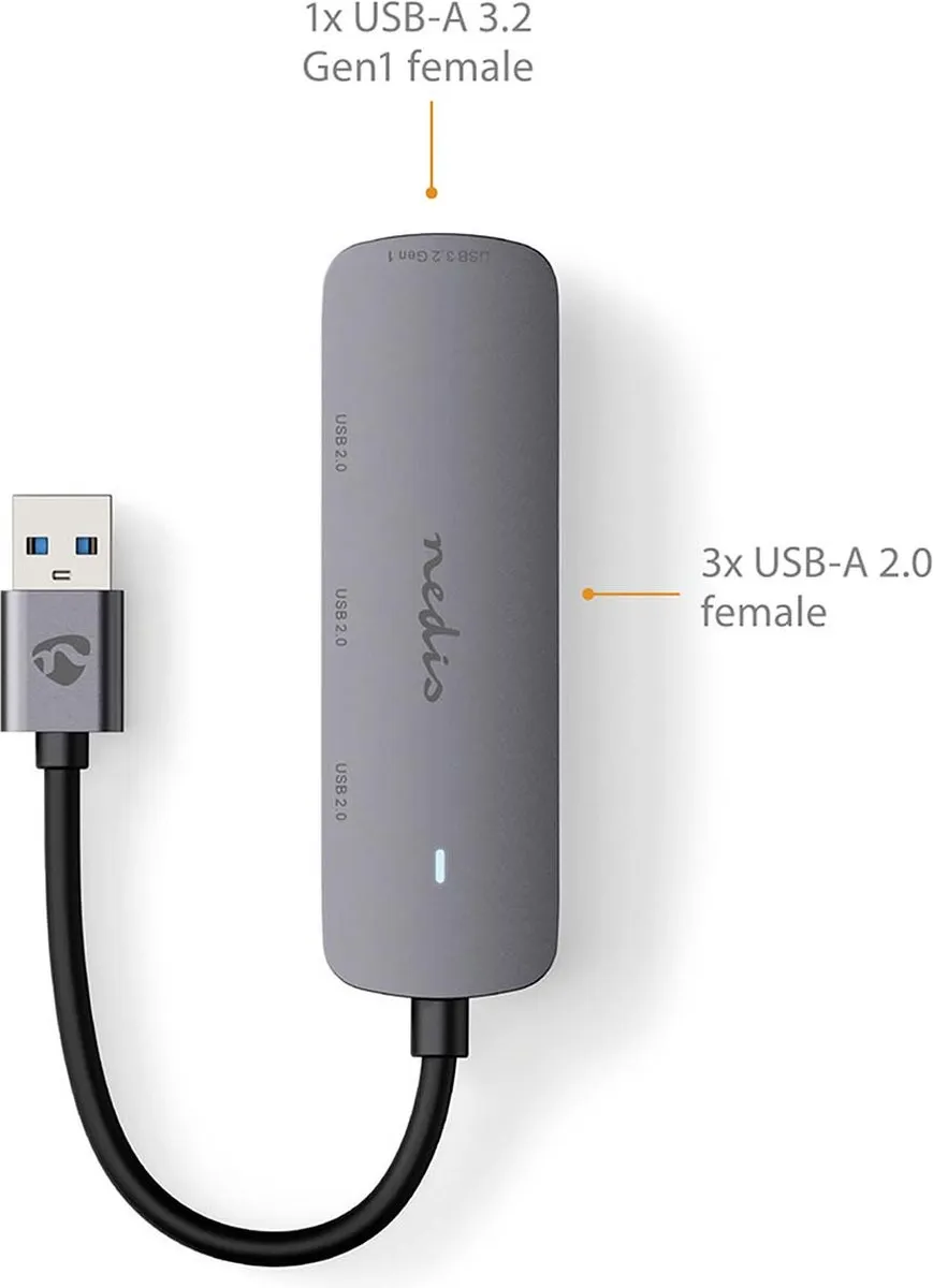 Nedis USB-Hub CCGB61210GY01 - 4 Poorten USB 2.0/3.2 Gen 1 - Grijs