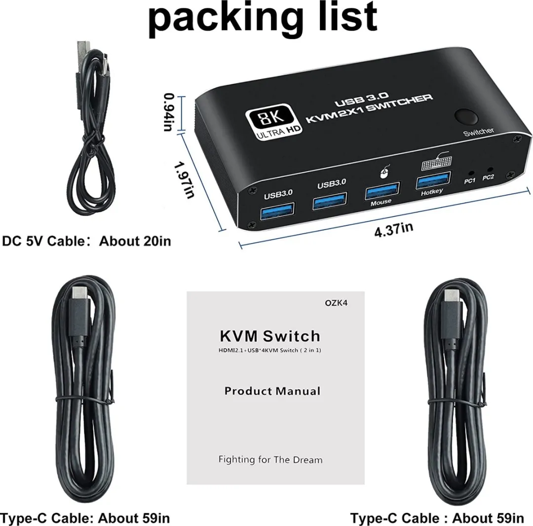 NÖRDIC KVM-112 KVM Switch 2 naar 1 - USB-C/HDMI 8K60Hz - Zwart