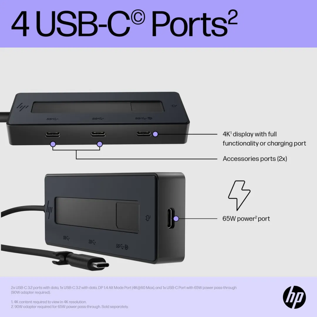 HP 4K USB-C Multiport Hub 6G842AA - Zwart - afbeelding 2 van 6