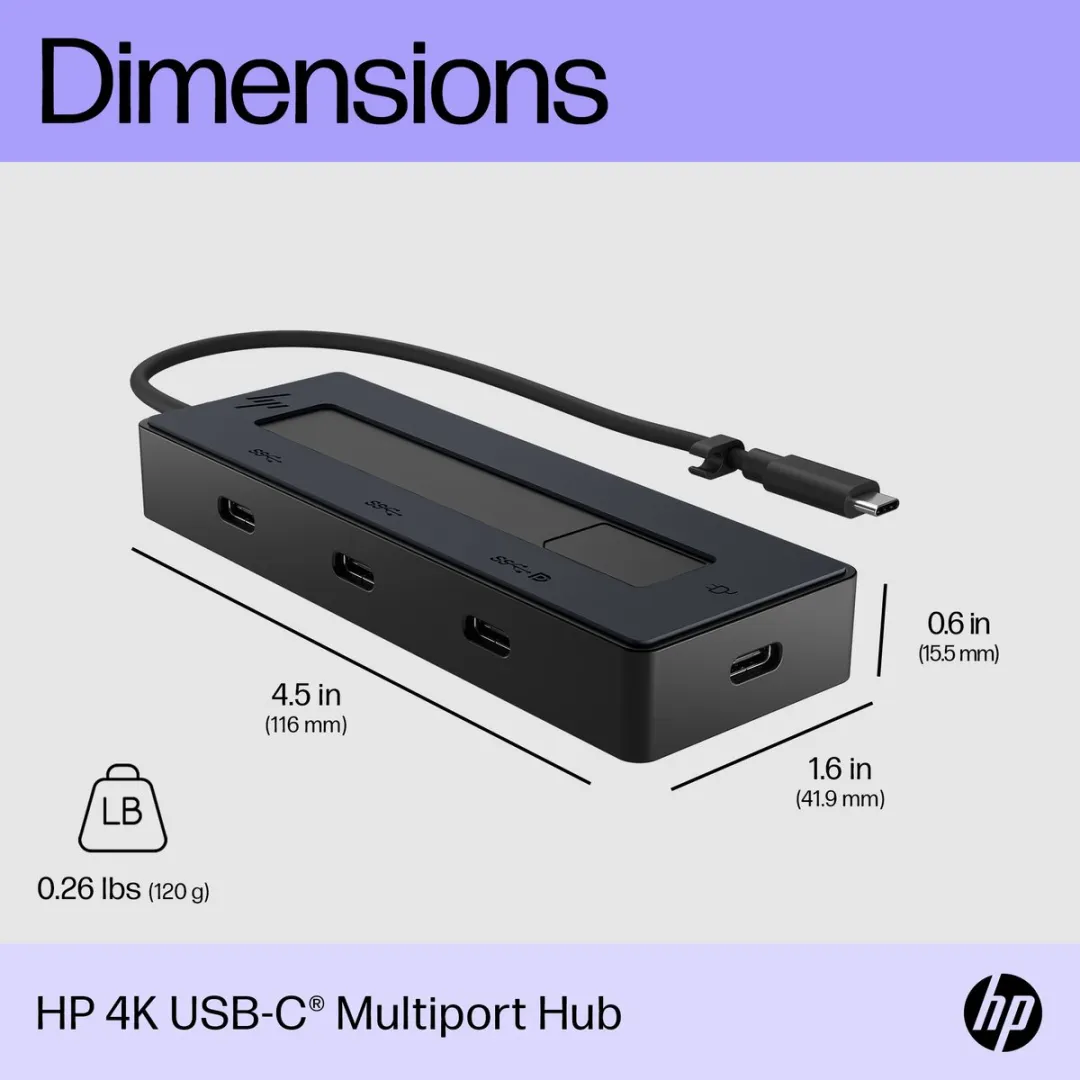 HP 4K USB-C Multiport Hub 6G842AA - Zwart - afbeelding 3 van 6
