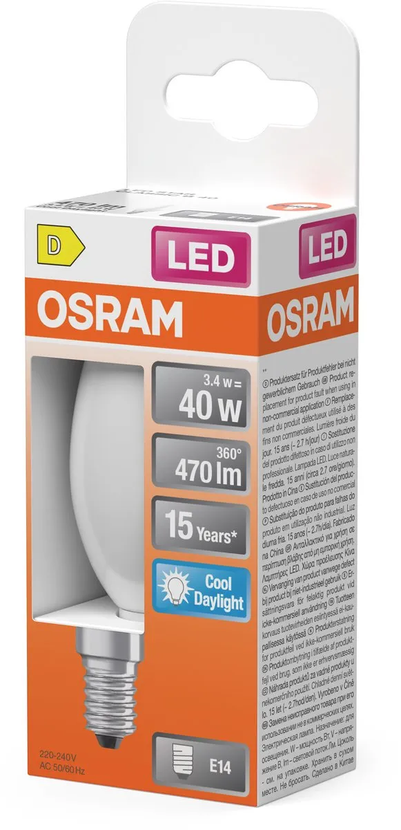 Osram LED Kaarslamp B40 Filament 3,4W E14 - 470lm 6500K Mat
