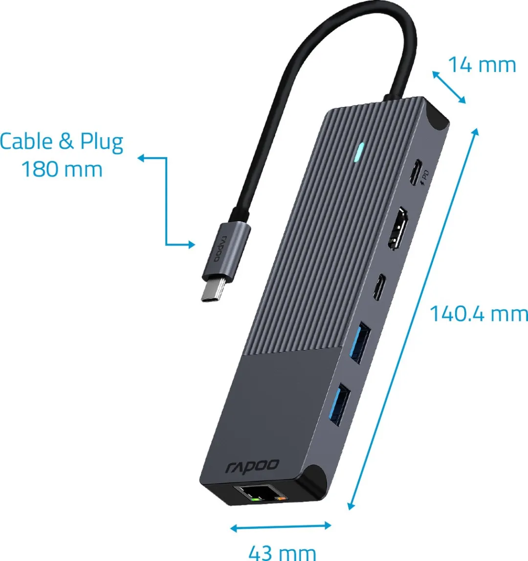 Rapoo UCM-2002 USB-C Multiport Adapter - 6-in-1 - Donker Grijs