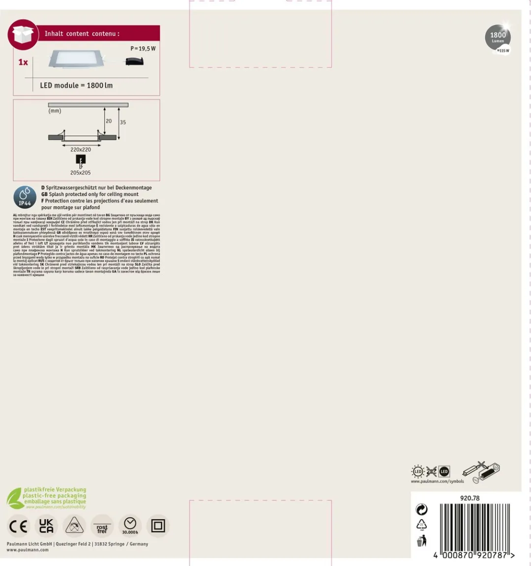 Paulmann LED Inbouwpaneel IP44 16,5W 1450lm 4000K Chroom mat