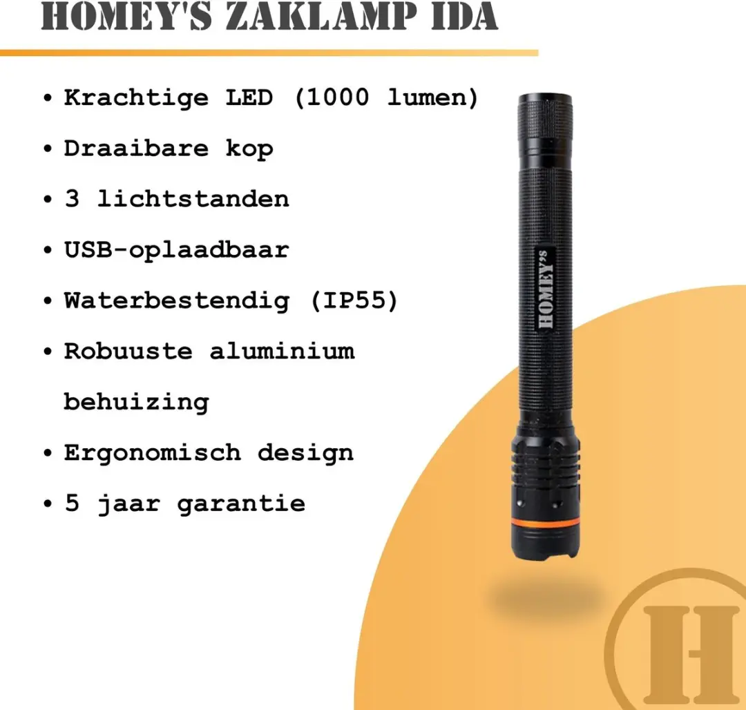 Homey's Ida Zaklamp LED Oplaadbaar - 1000 lumen - IP55 - afbeelding 3 van 6