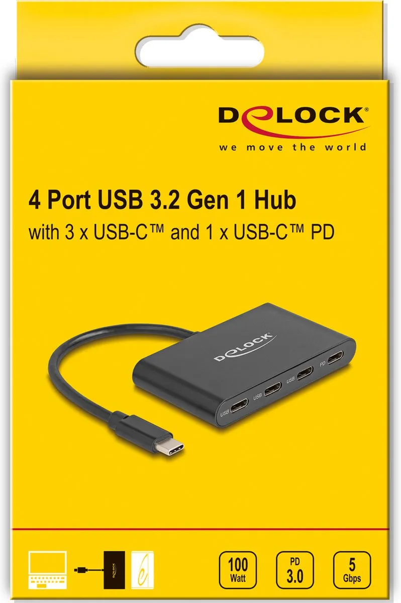 Delock 64174 USB Type-C Hub - 4 Poorten - 100W PD - Zwart