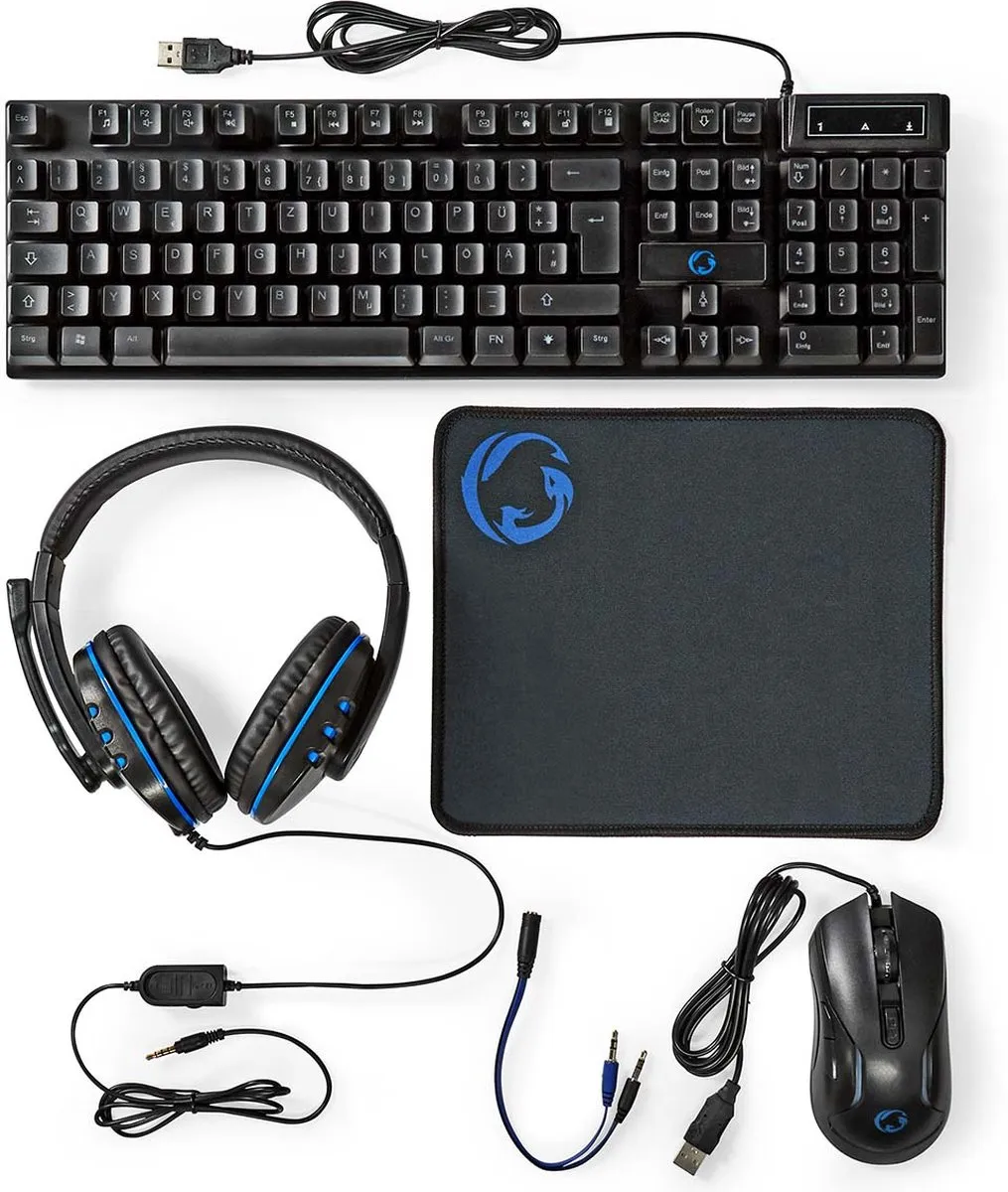 Nedis GCK51110BKDE Gaming Combo Kit - Toetsenbord Koptelefoon Muis Muismat - Zwart
