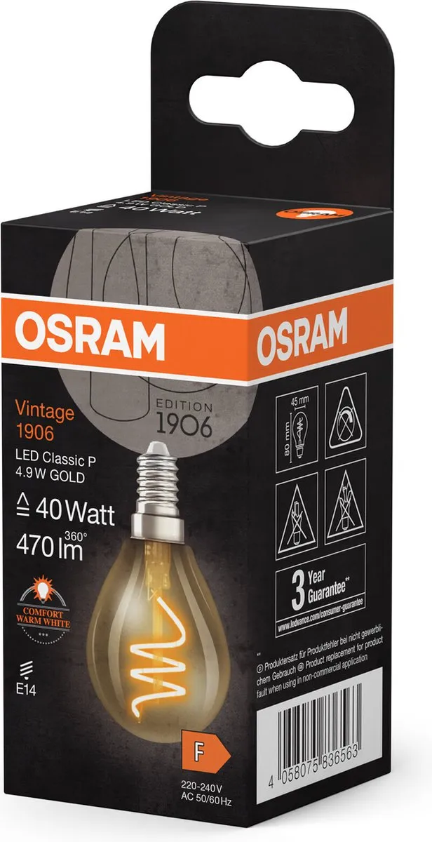 Osram Vintage 1906 LED Lamp 4,9W 470lm E14 - Warmwit 2200K - Goud - afbeelding 6 van 6