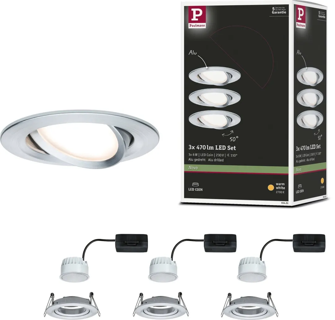 Paulmann Nova Coin LED-inbouwlamp 3x6W 470lm 84mm - 2700K - Alu gedraaid