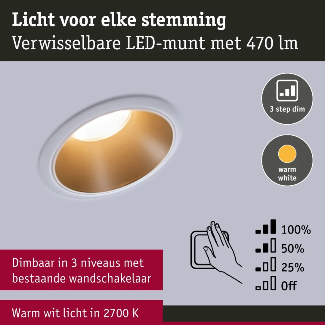Paulmann LED-inbouwlamp 3-Step-Dim Coin Set 3x6W - 3x460lm 2700K - Wit/Goudmat - afbeelding 6 van 6
