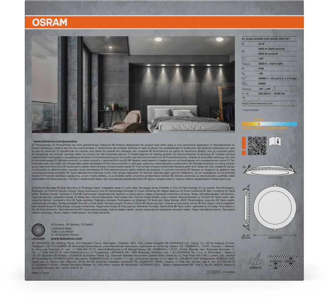 Osram Essential LED Inbouwspot Slim 225mm 22W - 3 Stuks