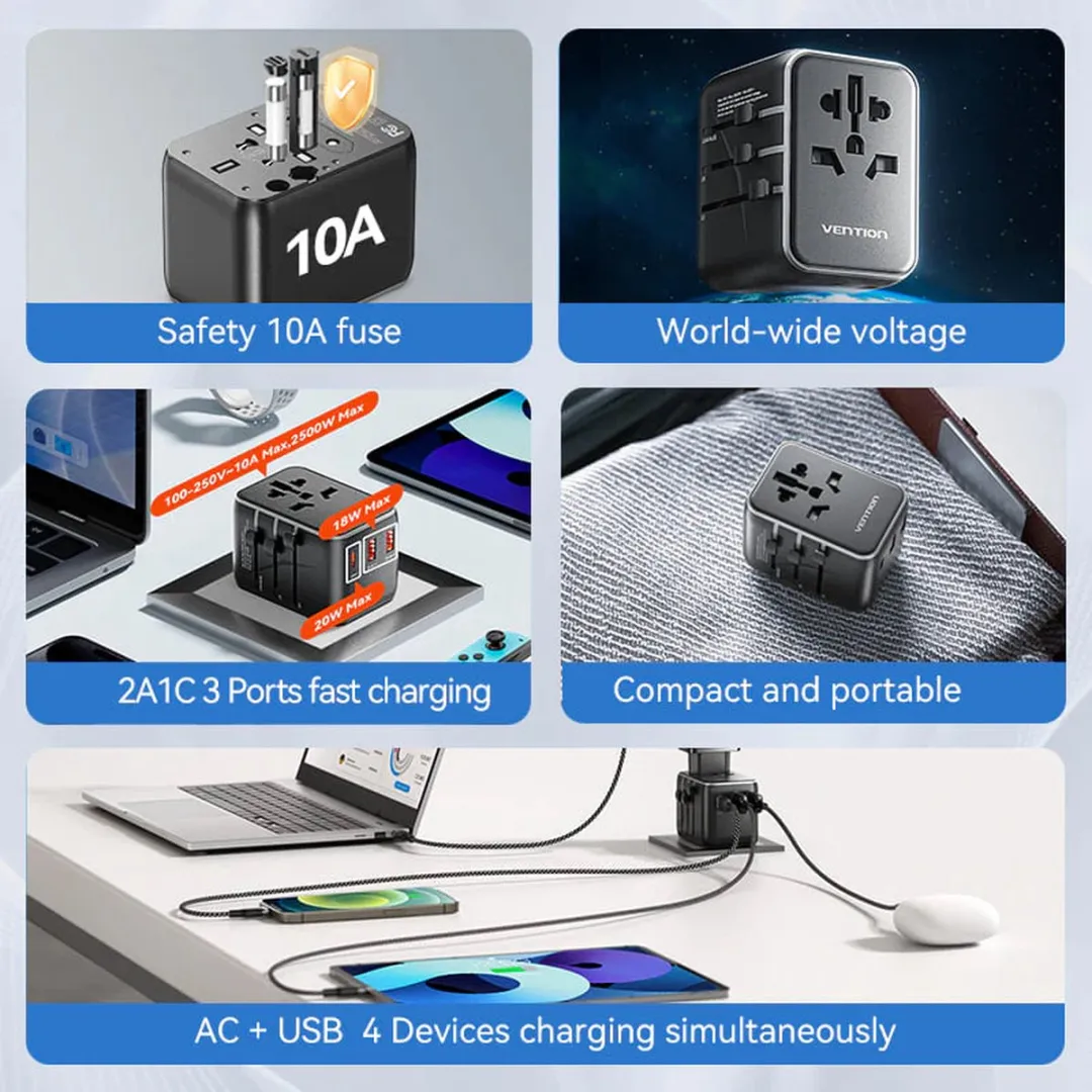 Vention 20W Universele Reizigersadapter 3-Port USB - Zwart