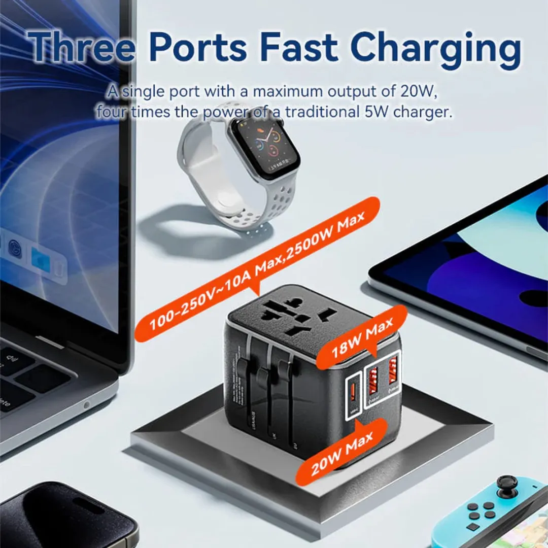 Vention 20W Universele Reizigersadapter 3-Port USB - Zwart