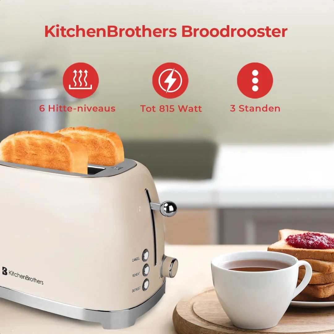 KitchenBrothers Retro Broodrooster KB1004164 - 815W - 2 Sleuven