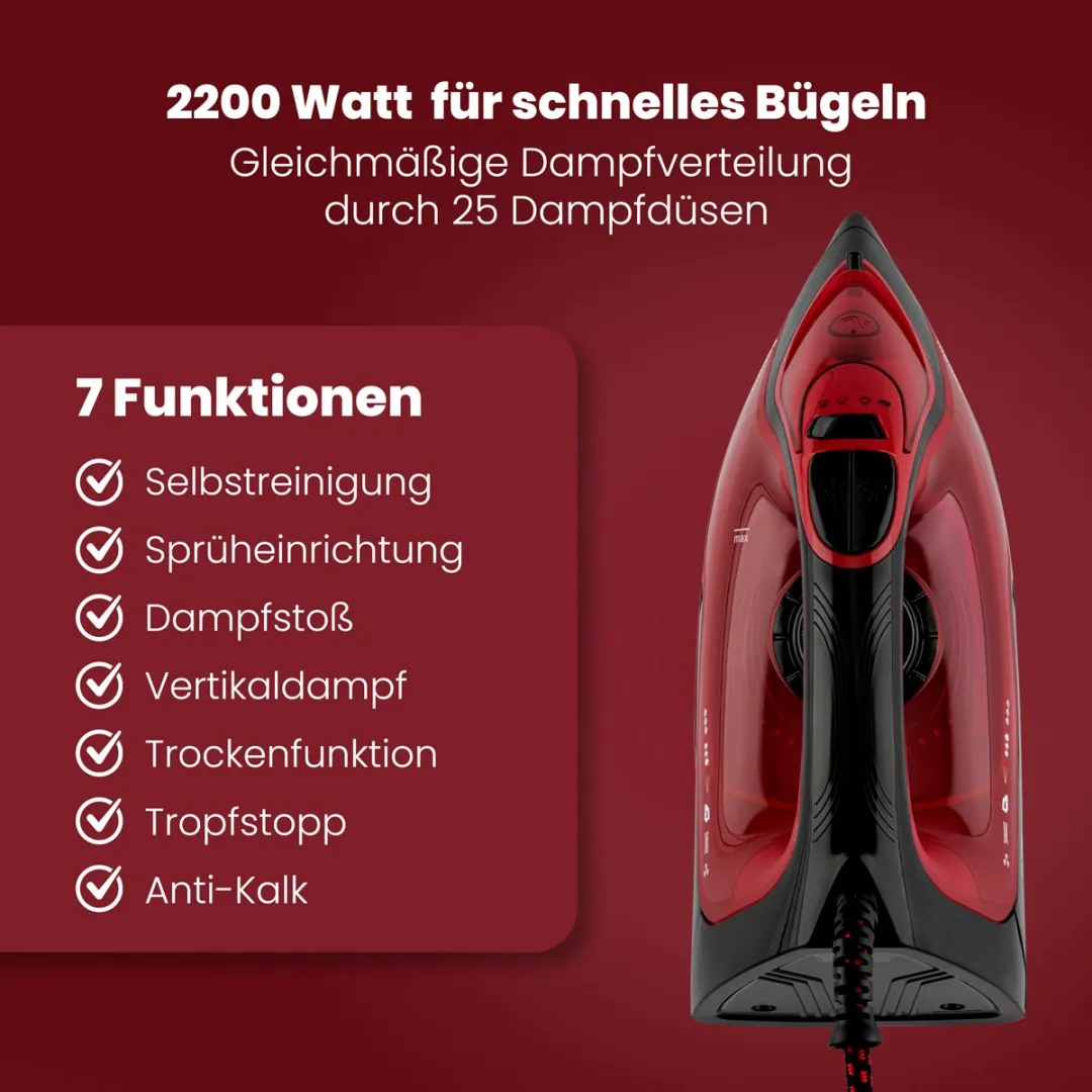 Bomann DB 6035 Droog- & Stoomstrijkijzer 2200W - Zwart/Rood - afbeelding 6 van 6