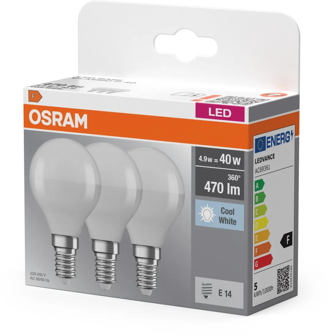 Osram LED Peer E14 4.9W Koelwit - 3 Stuks - Mat Glas