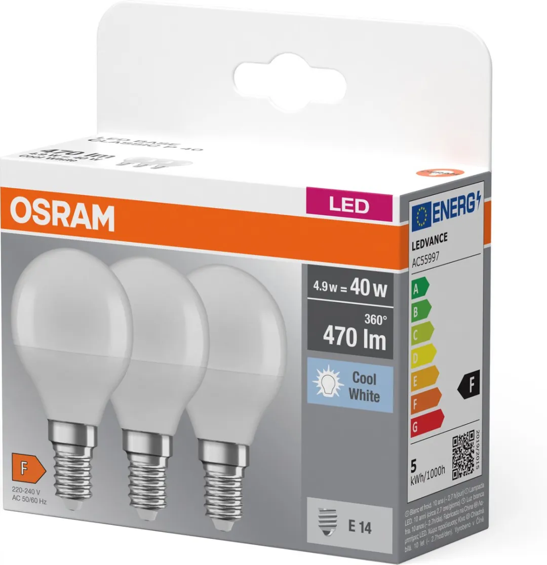 Osram LED Peer E14 4.9W Koelwit - 3 Stuks - Mat Glas