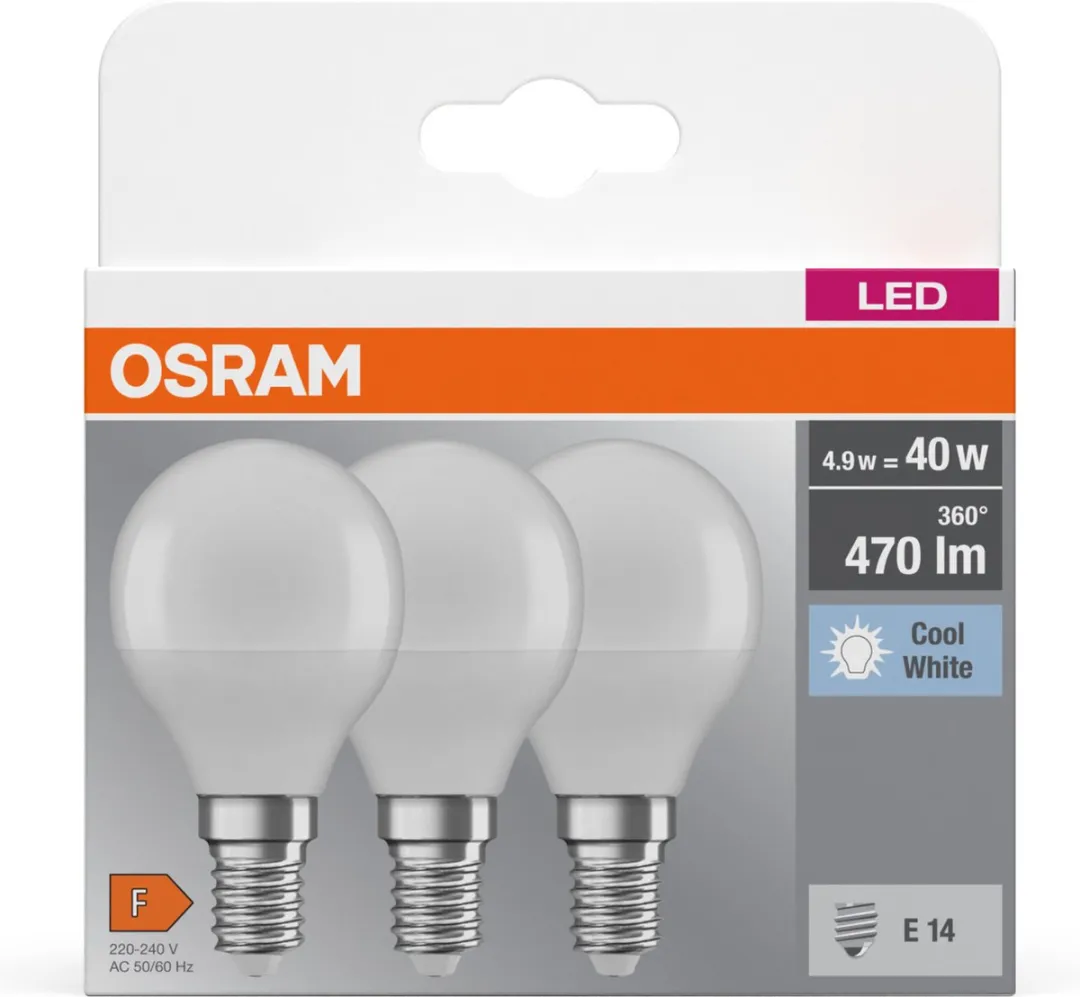Osram LED Peer E14 4.9W Koelwit - 3 Stuks - Mat Glas - afbeelding 6 van 6