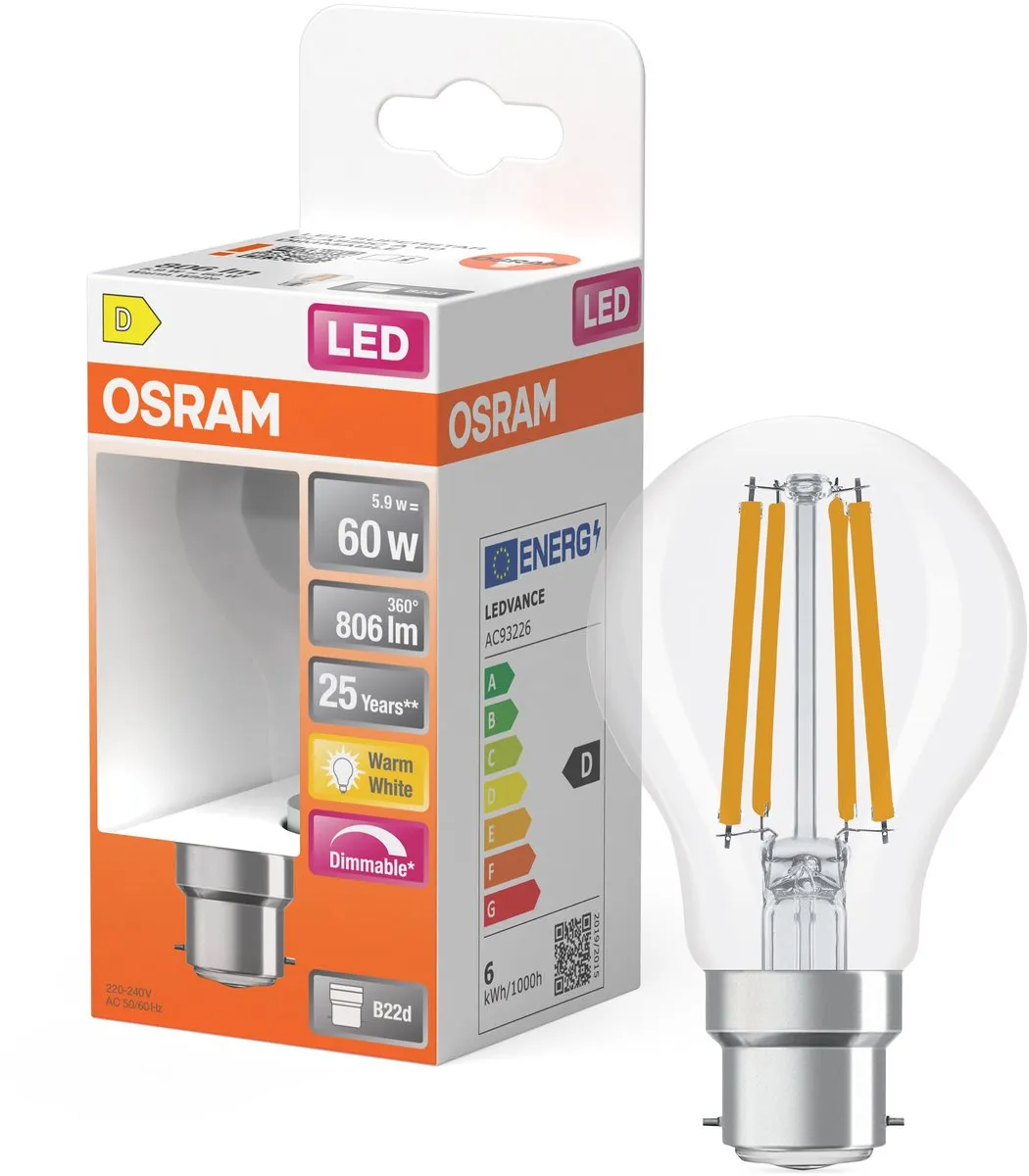 Osram LED Superstar A60 Filament 5,9W B22d - 806lm Warm Wit