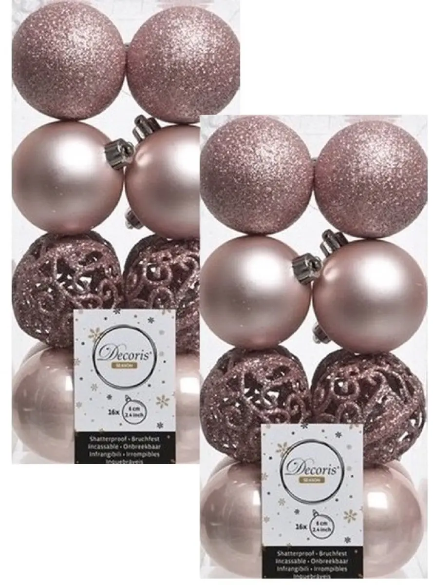 Decoris Kerstballen - 32x st - lichtroze - D6 cm - kunststof - kerstversiering
