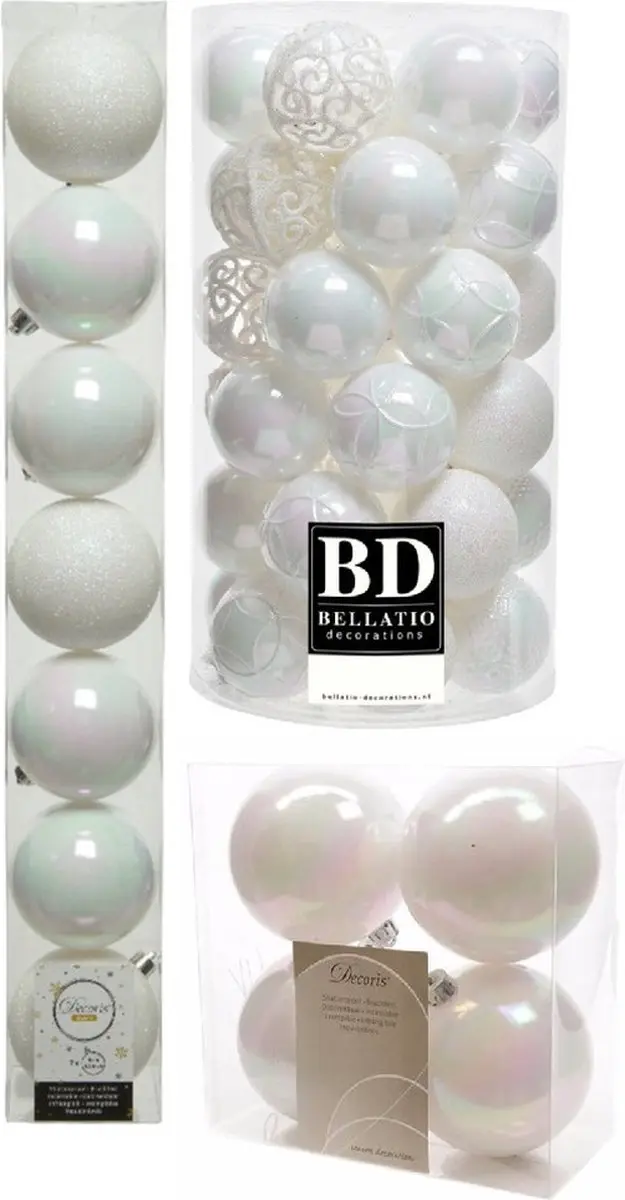 Kerstversiering kunststof kerstballen parelmoer wit 6-8-10 cm pakket van 59x stu