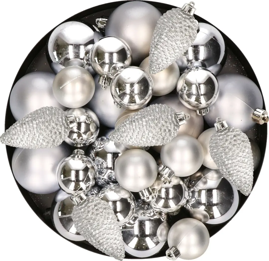 Kerstversiering kunststof kerstballen zilver 6-8-10 cm pakket van 50x stuks
