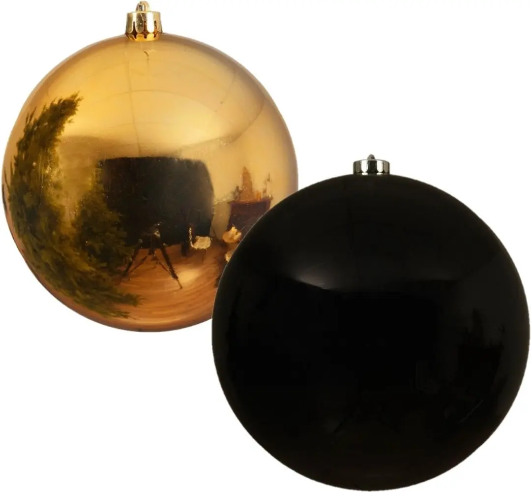 2x stuks grote kerstballen van 20 cm glans van kunststof goud en zwart