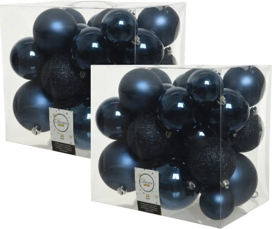 52x stuks kunststof kerstballen donkerblauw (night blue) 6-8-10 cm