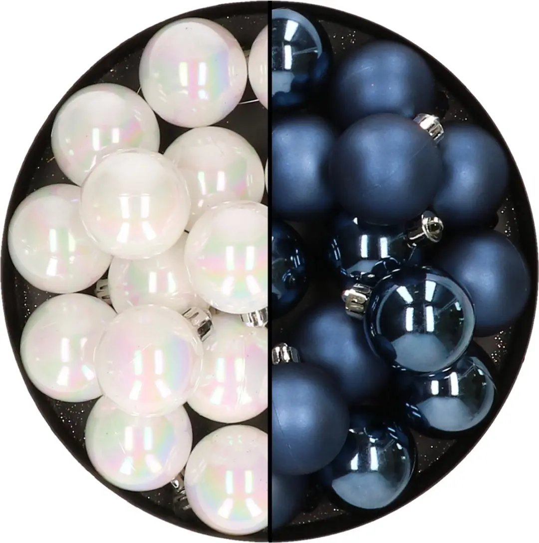 32x stuks kunststof kerstballen mix van parelmoer wit en donkerblauw 4 cm