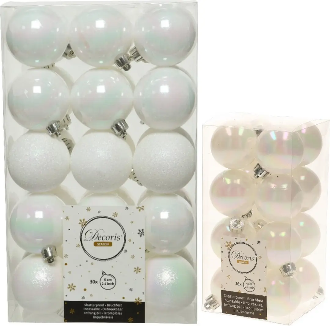 Kerstversiering kunststof kerstballen parelmoer wit 4-6 cm pakket van 46x stuks