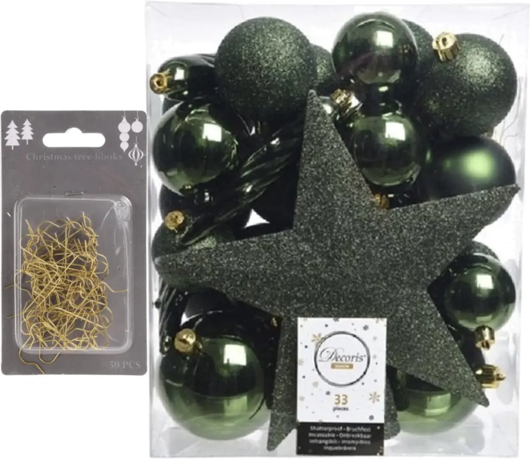33x stuks kunststof kerstballen 5, 6 en 8 cm donkergroen inclusief ster piek en