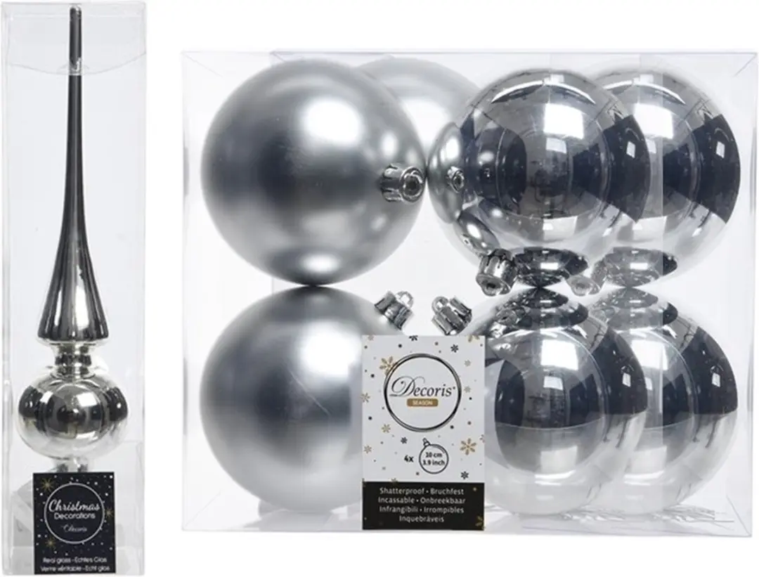 Kerstboom decoratie zilver piek en 8x kerstballen 10 cm
