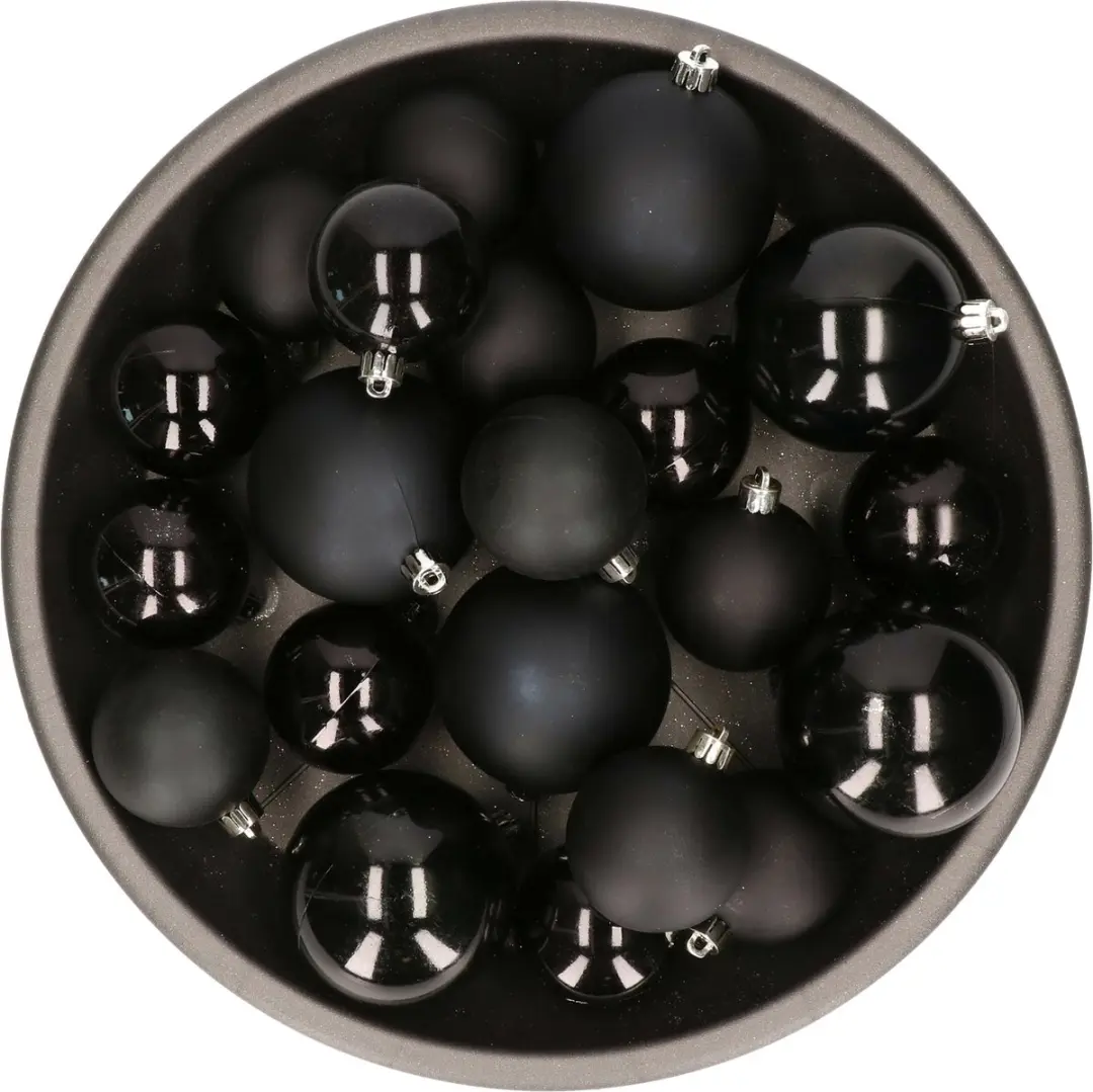 Kerstversiering kunststof kerstballen zwart 6-8-10 cm pakket van 22x stuks