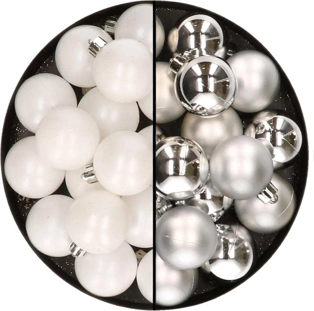 32x stuks kunststof kerstballen mix van wit en zilver 4 cm