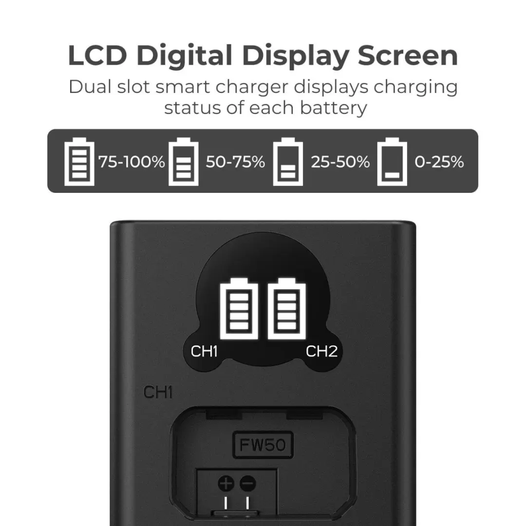 K&F Concept Dubbele Batterijlader Sony NP-FW50 - Zwart - afbeelding 2 van 6