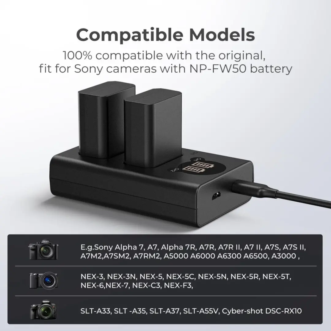 K&F Concept Dubbele Batterijlader Sony NP-FW50 - Zwart - afbeelding 4 van 6