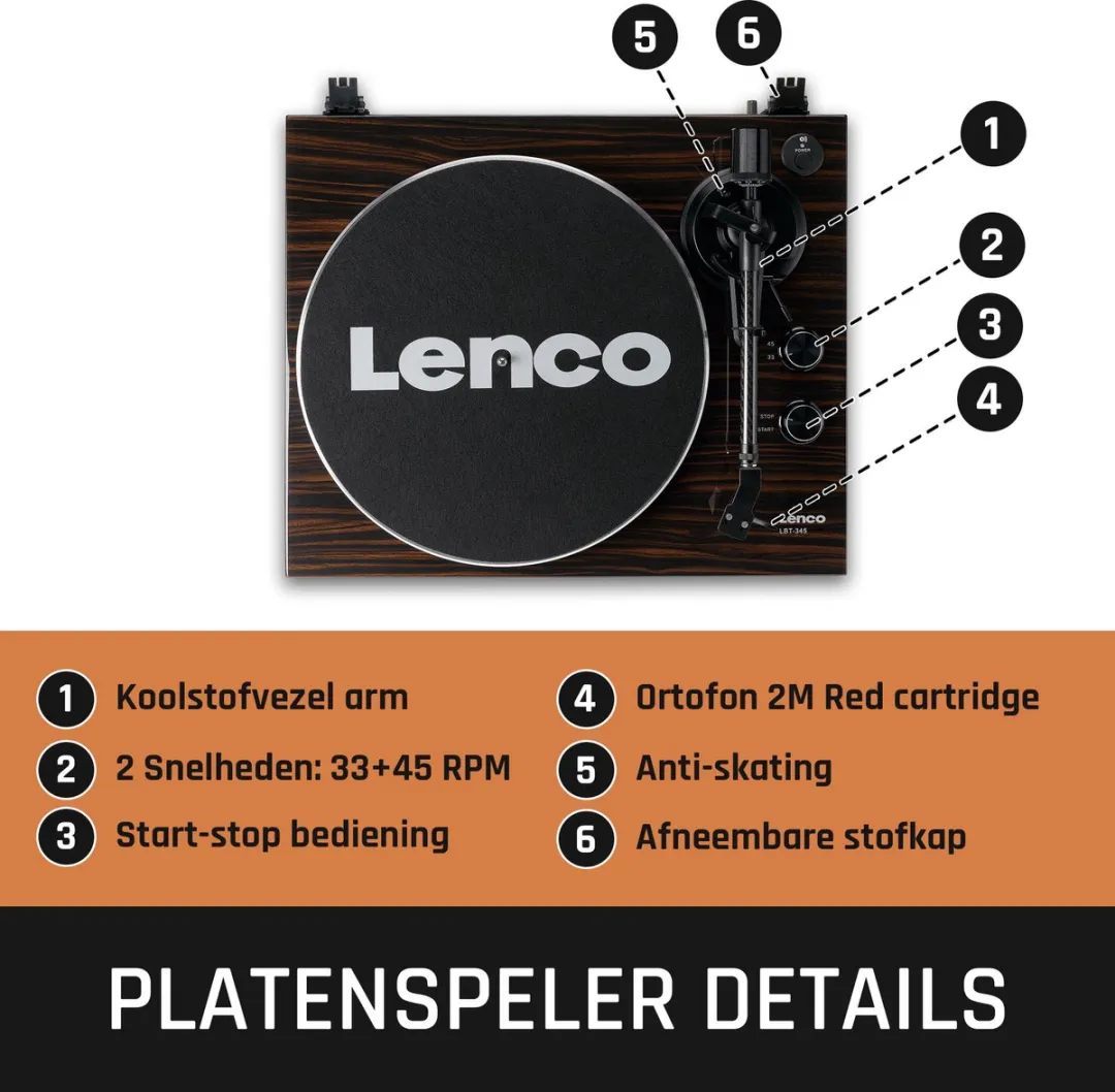 Lenco LBT-345WA Platenspeler - Ortofon 2M Red - Bruin - afbeelding 6 van 6