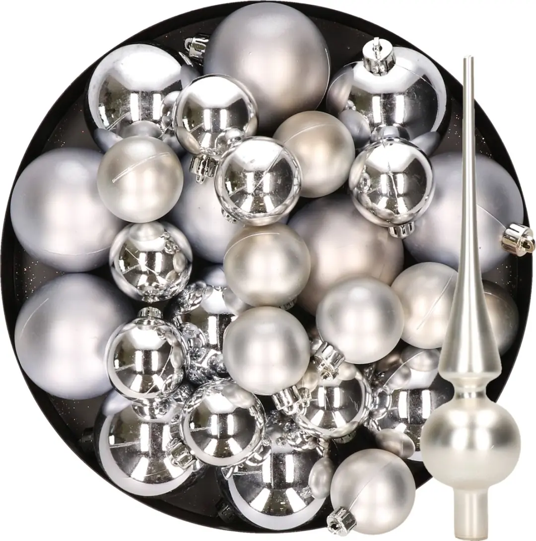 Kerstversiering kunststof kerstballen met glazen piek zilver 6-8-10 cm pakket va