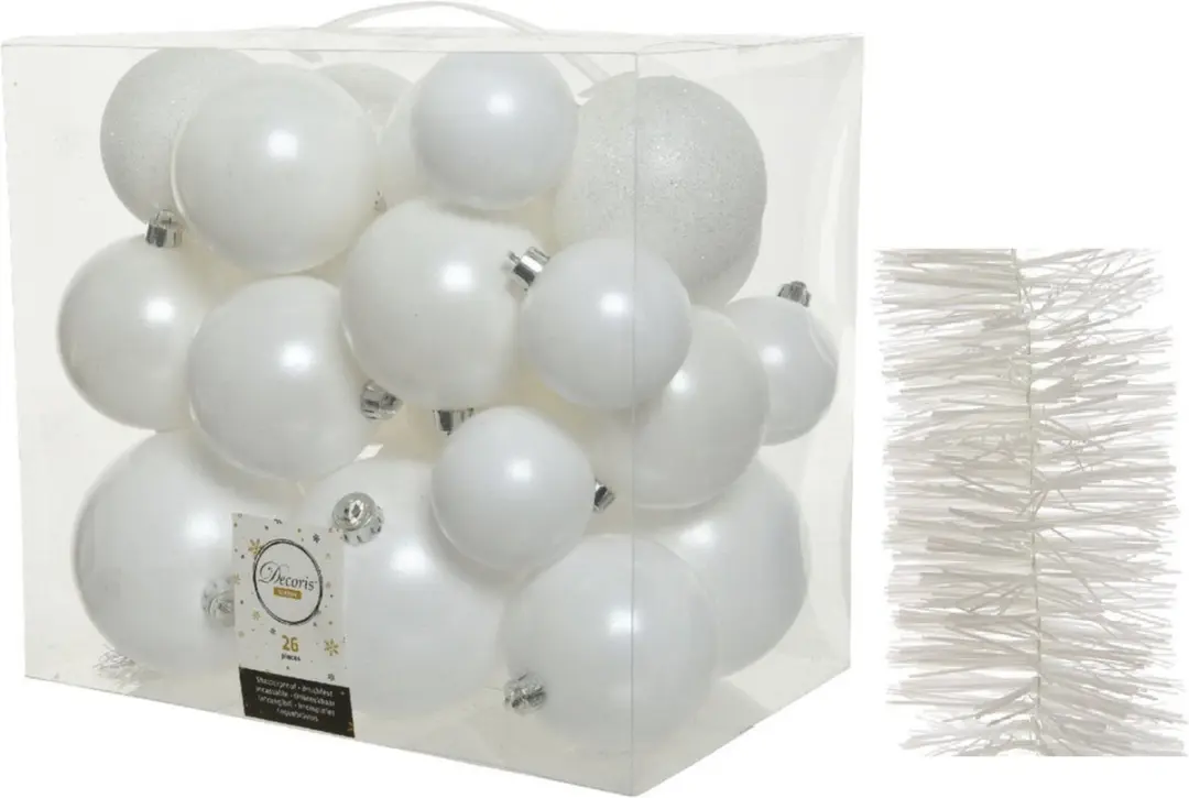 Kerstversiering kunststof kerstballen 6-8-10 cm met folieslingers pakket winter