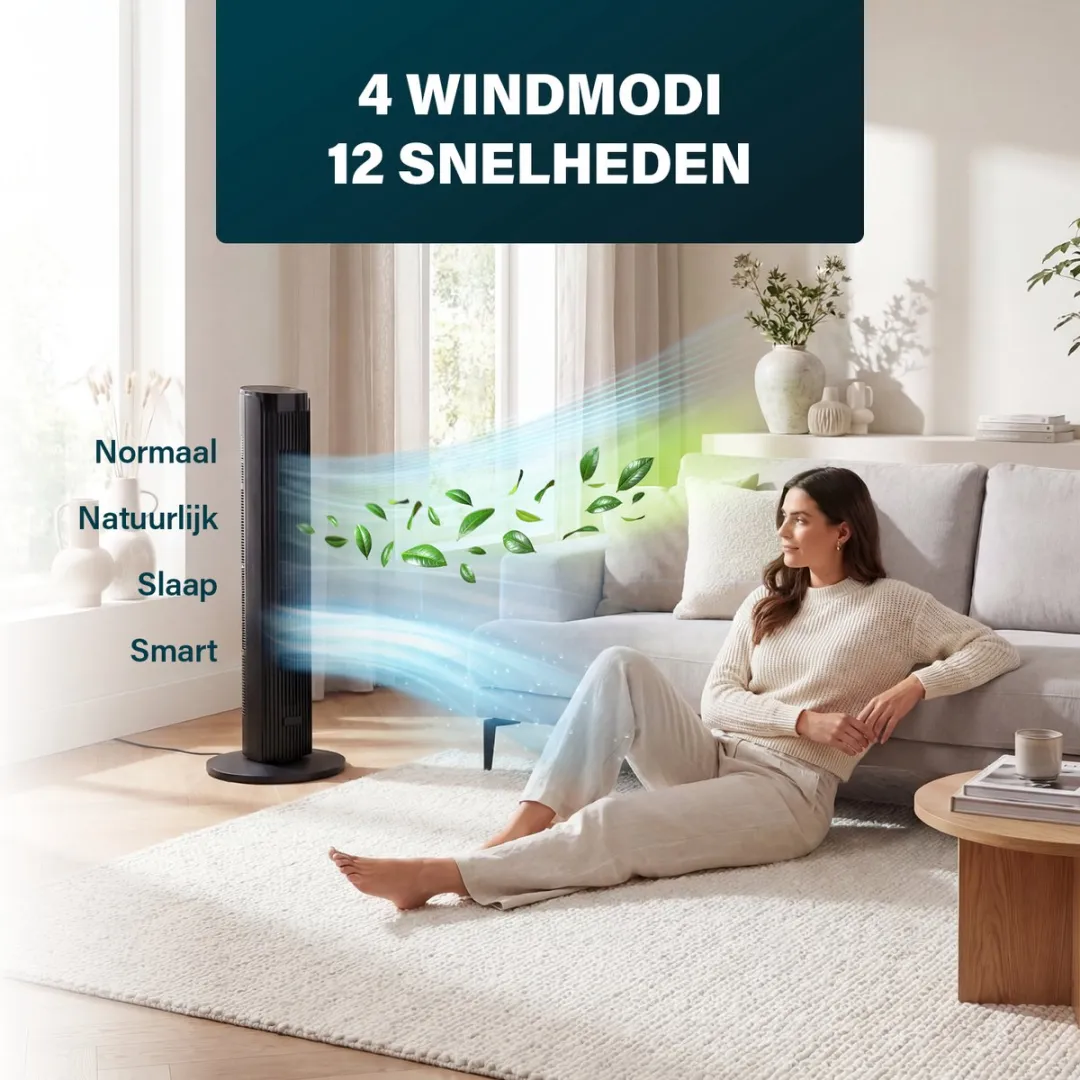 Princess DC Torenventilator 91cm– Extra Stil - 12 snelheden – 4 windmodi – 90° oscillatie – Timer 1-24uur – Met Afstandsbediening – Zwart - 352370