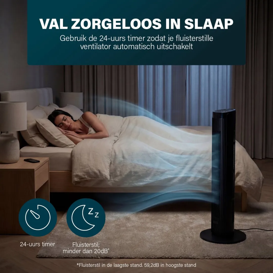 Princess DC Torenventilator 91cm– Extra Stil - 12 snelheden – 4 windmodi – 90° oscillatie – Timer 1-24uur – Met Afstandsbediening – Zwart - 352370