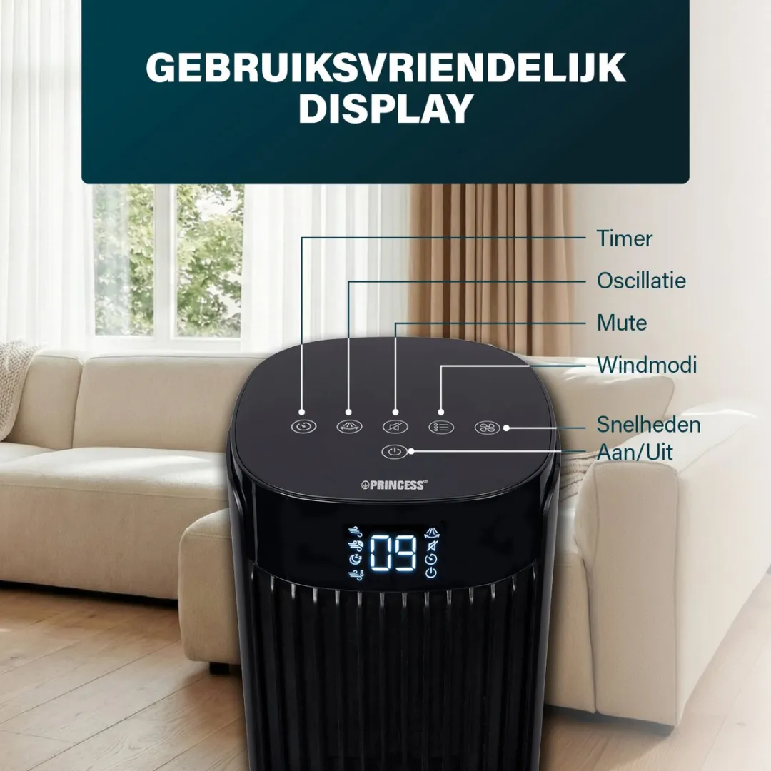 Princess DC Torenventilator 91cm– Extra Stil - 12 snelheden – 4 windmodi – 90° oscillatie – Timer 1-24uur – Met Afstandsbediening – Zwart - 352370