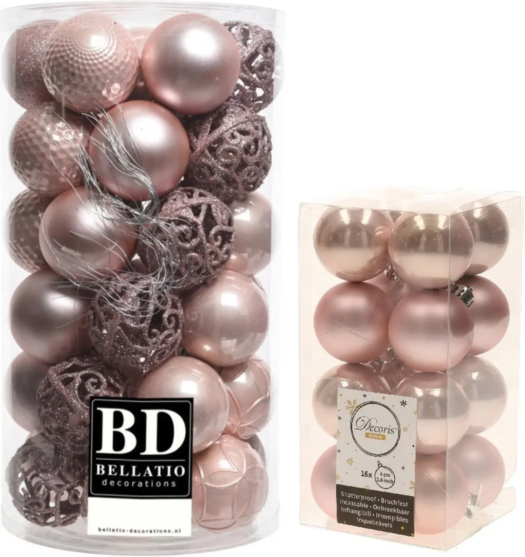Kerstversiering kunststof kerstballen lichtroze 4-6 cm pakket van 53x stuks