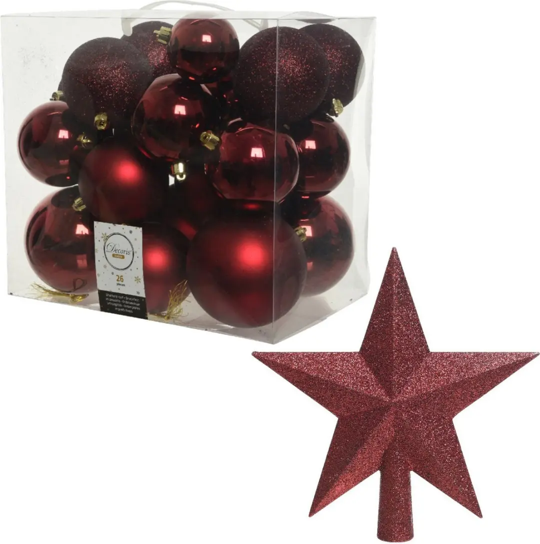 Kerstversiering kunststof kerstballen donkerrood 6-8-10 cm pakket van 27x stuks