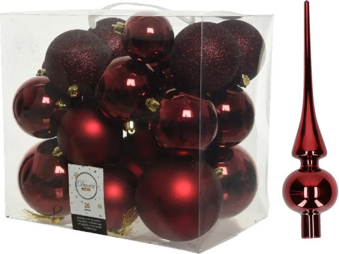 Kerstversiering kunststof kerstballen donkerrood 6-8-10 cm pakket van 27x stuks