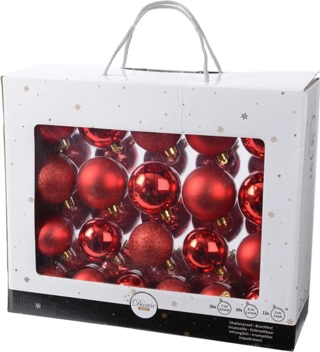 Decoris Kerstballen 42x stuks kunststof rood 5-6-7 cm glans glitter kerstversiering