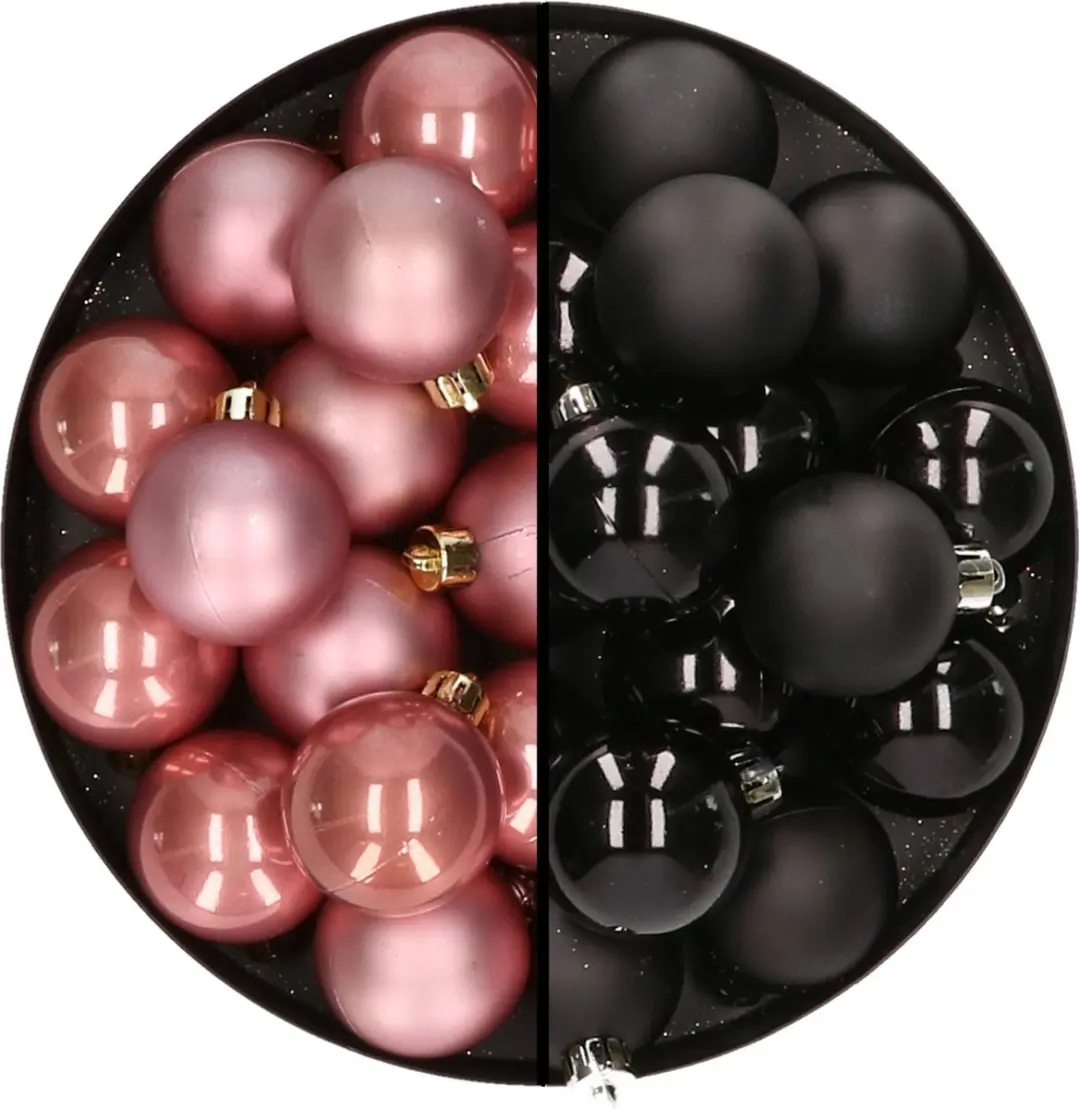 32x stuks kunststof kerstballen mix van oudroze en zwart 4 cm