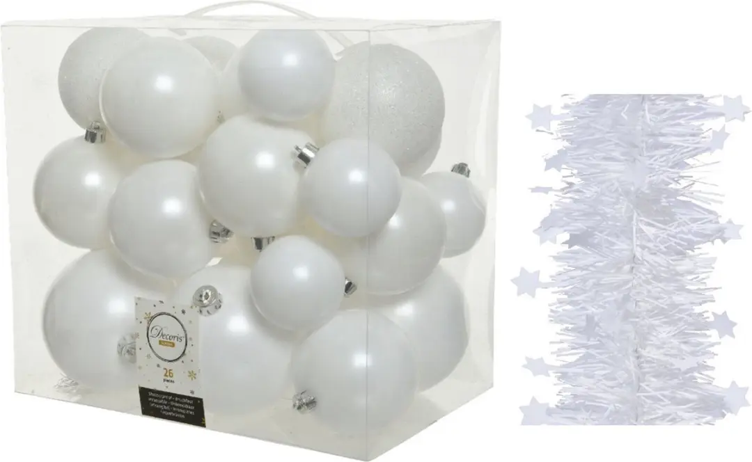 Kerstversiering kunststof kerstballen 6-8-10 cm met sterren folieslingers pakket